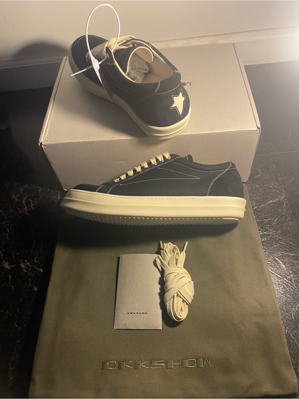 Rick Owens Black Suede Low-Top Sneakers with white Cream Sole